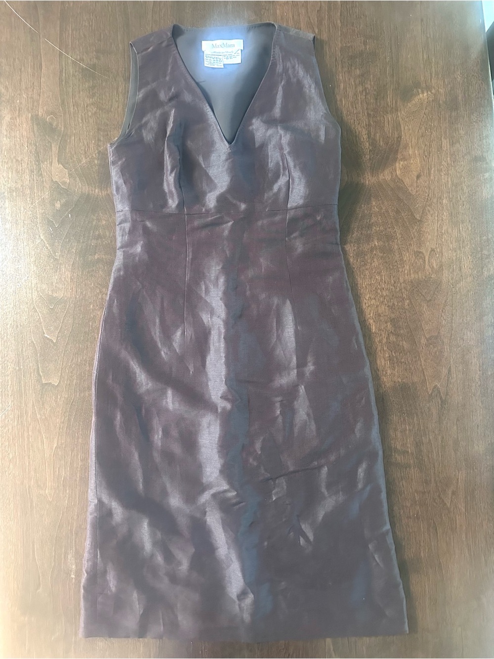 MaxMara Sleeveless V Neck Silk Linen Blend Shift Dress Brown 4 Like New